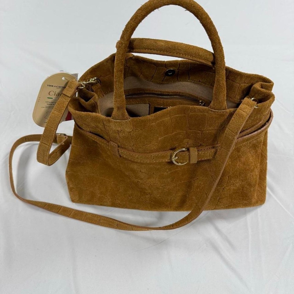 Viola Castellani Tan Suede Croc Embossed Leather Handbag Made in Italy VCTJ2218